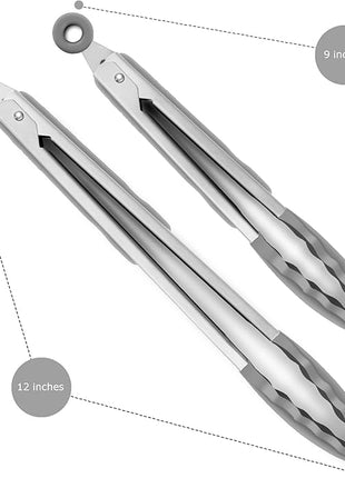 2 Pack Grey Kitchen Tongs, Premium Silicone BPA Free Non-Stick Stainless Steel BBQ Cooking Grilling Locking Food Tongs, 9-Inch & 12-Inch