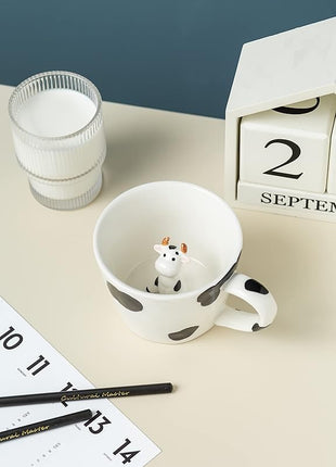 DIHOclub Cow Ceramic Cup Hidden 3D Animal Inside Mug,Cute Cartoon Handmade Figurine Mugs,Holiday and Birthday Gift for Coffee Milk Tea Lovers,12 OZ(White,Black)