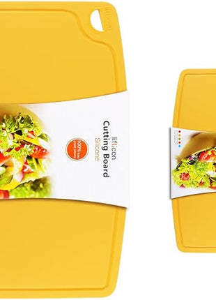 Liflicon Thick Silicone Cutting Boards for Kitchen Silicone Chopping Boards/Mats Set of 2 Extra Large14.6''x10.43'', Mini 9.1”x7.1” Non-slip Deep Drip Juice Groove, Dishwasher Safe-Yellow