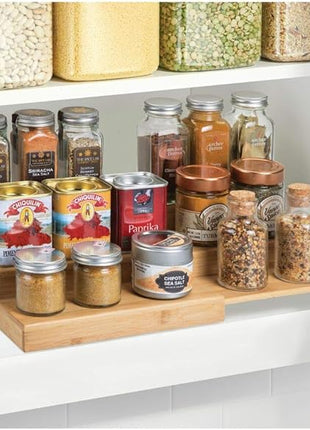 mDesign Bamboo Adjustable, Expandable Spice Rack Organizer with 3 Levels Storage for Kitchen Cabinet, Countertop, Pantry Shelf - Holds Spice Jars - Echo Collection - Natural