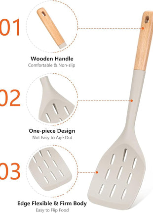 Pack of 2 Silicone Spatula, Non Stick Cooking Utensil Set Wooden Handle Kitchen Turner for Baking Mixing Grilling Serving Food Heat Resistant Non Scratch Hooks Included (Khaki)