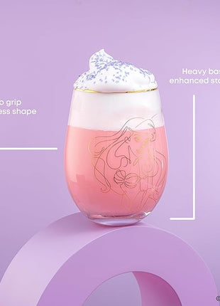 JoyJolt Disney Princess Sketch Stemless Drinking Glasses, 19oz Glass Cups ft Princess Jasmine Ariel Belle Cinderella, Disney Princess Kitchen Glassware Set of 4, Disney Gifts for Adults