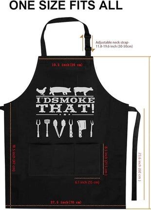 Funny Apron for Dad – I’D Smoke That – Father’s Day BBQ Gift for Men – One Size Fits Most – Black Cooking Apron with 3 Pockets for Husband, Boyfriend