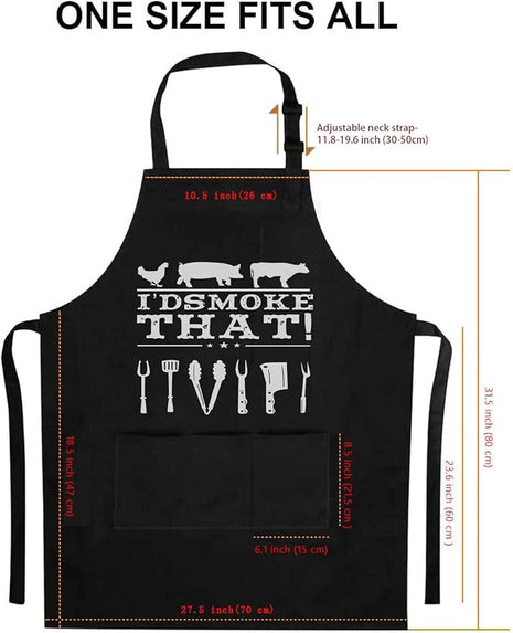 Funny Apron for Dad – I’D Smoke That – Father’s Day BBQ Gift for Men – One Size Fits Most – Black Cooking Apron with 3 Pockets for Husband, Boyfriend