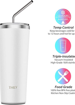 THILY Vacuum Insulated Tumbler Stainless Steel 26 oz Coffee Cup with 2 Lids and Straws, Powder Coated Travel Mug, Keeps Ice Drinks Cold, White