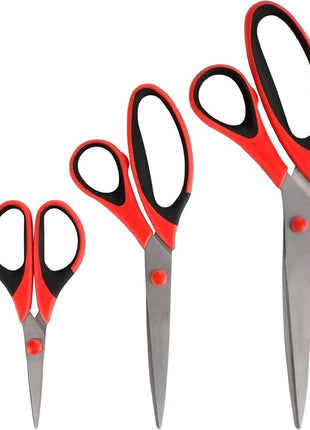 BambooMN Titanium Softgrip Scissors Set for Sewing, Arts, Crafts, Office - 10 Sets of 3 - Red w/Black Inlays