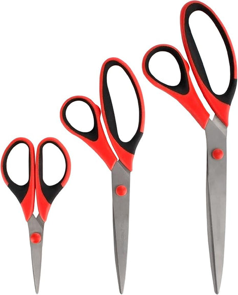 BambooMN Titanium Softgrip Scissors Set for Sewing, Arts, Crafts, Office - 3 Sets of 3 - Red w/Black Inlays