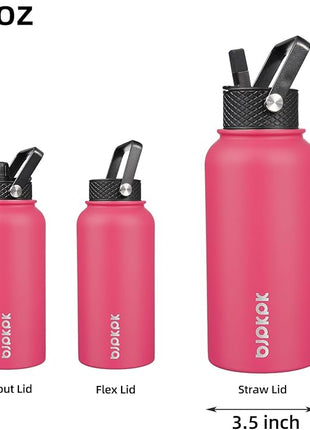 BJPKPK Insulated Water Bottles with Straw Lid, 27oz Stainless Steel Water Bottle with 3 Lids, Leak Proof BPA Free Metal Thermo, Mugs, Tumblers, Keep Cold Hot - Rose Pink