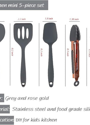 Rose Gold And Grey Mini Kitchen Utensil Small Five-Piece Set Tiny Silicone Kids Kitchen Tools Whisk Spatula Tongs Spoon And Slotted Spatula For Cooking(Kids Baking Supplies) Grey