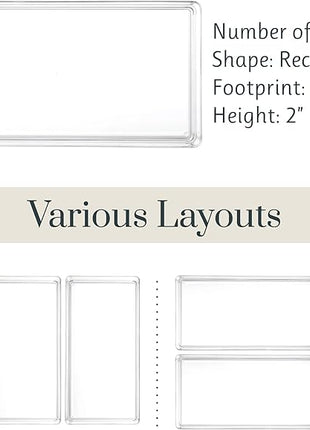 STORi SimpleSort 3-Piece Stackable Clear Drawer Organizer Set | 12" x 6" x 2" Rectangle Trays | Wide Makeup Vanity Storage Bins and Office Desk Drawer Dividers | Made in USA