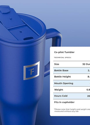 IRON °FLASK Co-Pilot Insulated Mug w/Straw & Flip Cap Lids - Cup Holder Bottle for Hot, Cold Drink - Leak-Proof - Water, Coffee Portable Travel Mug - Cobalt Blue, 32 Oz