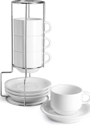 Sweese Porcelain Espresso Cups Set, 4 oz Stackable Cups with Saucers Metal Stand, Set of 4, White