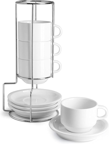 Sweese Porcelain Espresso Cups Set, 4 oz Stackable Cups with Saucers Metal Stand, Set of 4, White