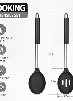 Pack of 2 Large Silicone Cooking Spoons, Non-Stick Stainless Steel Slotted and Solid Spoon Set for Serving, Mixing, Draining, Heat Resistant, Scratch Resistant and BPA Free Kitchen Scoops (Black)