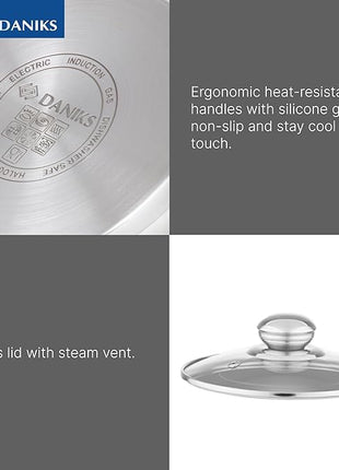 Daniks Classic 11-Piece Stainless Steel Cookware Set with Saucepan and Frying Pan, Glass Lids, Induction Compatible, Dishwasher Safe, Silver