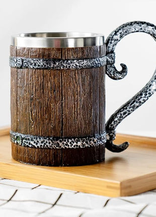 Arola Handmade Wooden Barrel Beer Mug, Stainless Steel Vintage Beer Cup, Medieval Drinkware Mug for Coffee/Beverage/Juice17oz Gift for Men.