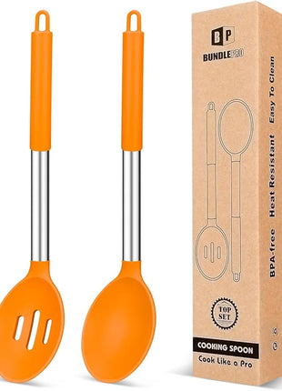 Pack of 2 Large Silicone Cooking Spoons,Non Stick Solid Basting Spoon,Heat-Resistant Kitchen Utensils for Mixing,Serving,Draining,Stirring (ORANGE)