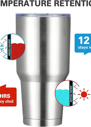 MEWAY 30oz Insulated Tumbler With Lids and Straws,Stainless Steel Double Vacuum Coffee Tumbler Cup, Brush, Durable Powder Coated Coffee Cup for Cold & Hot Drinks, Office(Silver,4 PACK)