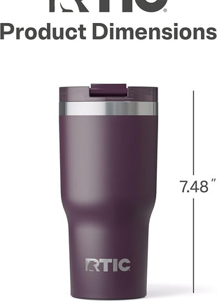 RTIC 20oz Essential Tumbler with Lid, Ceramic Lined, Insulated, Stainless Steel, Metal, Double Wall Vacuum-Insulation, Travel Cup for Iced Coffee, Tea, Hot and Cold Drink, Plum