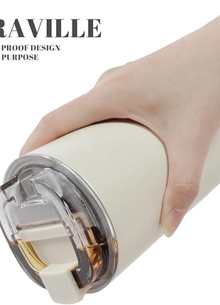 Puraville Insulated Tumblers with Lid, 14 oz Travel Coffee Mug Stainless Steel Vacuum Cup, Leak Proof Reusable Double Walled Coffee Tumbler for Iced and Hot Drinks, Cream