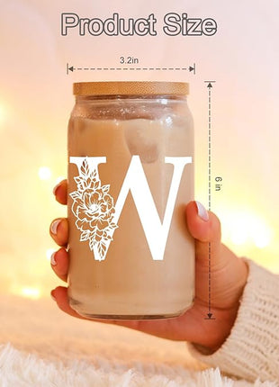 Coolife Initial Glass Cup, Monogrammed Gifts for Women, 16 oz Glass Cups w/Lids Straws, Iced Coffee Smoothie Beer Tumbler w/Straw Lid - Personalized Christmas, Birthday Gifts for Her Mom Friend Woman