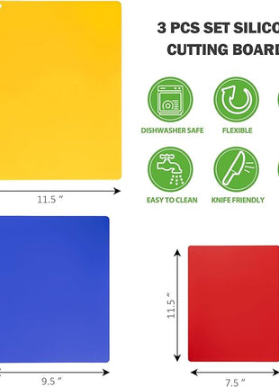 WK Flexible Plastic Cutting Boards for Kitchen Set of 3, Non slip Cutting Mats, Colorful Thin Cutting Sheets for Meat, BPA Free, Dishwasher Safe