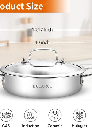 DELARLO Tri-Ply Stainless Steel 10 Inch Frying Pan 3QT Saute Pan With Lid Kitchen Skillets Induction Compatible Chef Cooking Pan Dishwasher & Oven Safe
