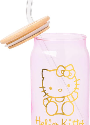 Silver Buffalo Sanrio Hello Kitty Gold 2 Pack Pink Glass Jar Tumbler with Bamboo Lid and Glass Straw, 16 Ounces
