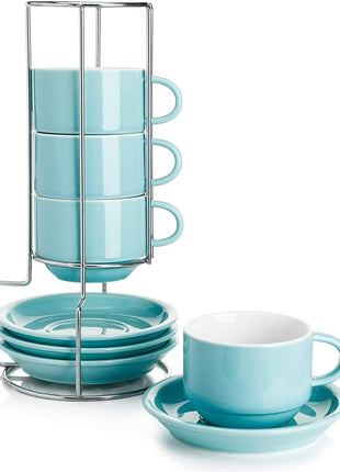 Sweese 8 Ounce Porcelain Stackable Cappuccino Cups with Saucers and Metal Stand - for Specialty Coffee Drinks, Cappuccino, Latte, Americano and Tea - Set of 4, Turquoise