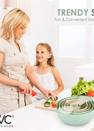 COOK WITH COLOR Nesting Bowls with Measuring Cups Colander and Sifter Set - Includes Mixing Bowls, Colander, Sifter and Measuring Cups, Mint, 8 Pc Bowl