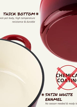 Overmont 5.5QT Enameled Cast Iron Dutch Oven with Lid Cookbook Heavy-Duty Casserole with Dual handles for Braising, Stews, Roasting, Bread Baking