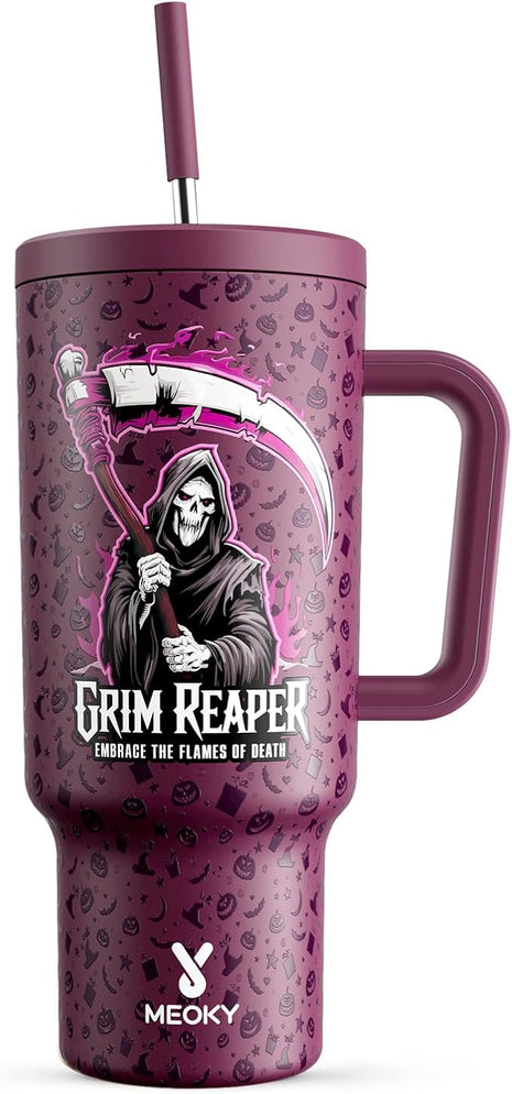 Meoky 40 oz Halloween Tumbler with Handle and Straw, Tumbler with Lid and Straw, Insulated Stainless Steel Travel Mug, 100% Leak-proof, Keeps Cold for 34 Hours or Hot for 10 Hours (Red Skull)