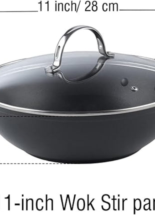 Cooks Standard Nonstick Stir-Fry Wok Pan 11-Inch, Hard Anodized Deep Frying Pan with Glass Lid, Flat Bottom, Black