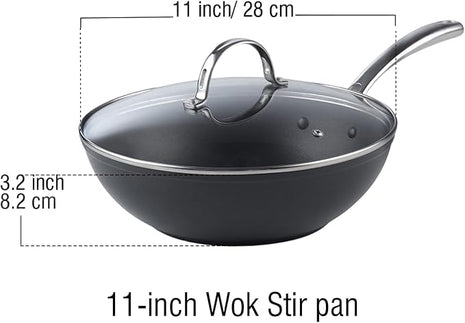 Cooks Standard Nonstick Stir-Fry Wok Pan 11-Inch, Hard Anodized Deep Frying Pan with Glass Lid, Flat Bottom, Black