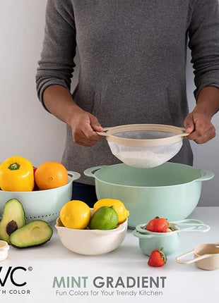 COOK WITH COLOR Nesting Bowls with Measuring Cups Colander and Sifter Set - Includes Mixing Bowls, Colander, Sifter and Measuring Cups, Mint, 8 Pc Bowl