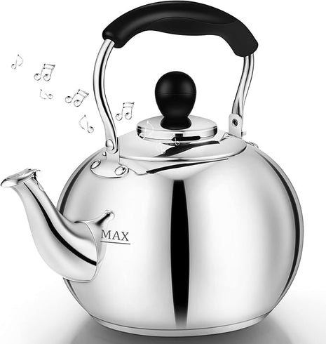 Dclobtop Whistling Tea Kettle Stovetop - 2.3 Quart Round Tea Pot for Stovetop, Silver Mirror Polished Classic Stovetop Kettle, Food Grade Material Teapot for Stove Top