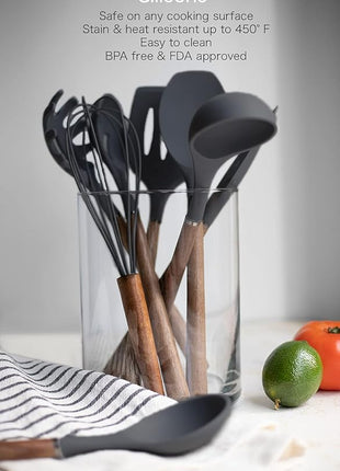 Country Kitchen Non Stick Silicone Utensil Set with Rounded Wood Handles for Cooking and Baking, 8 Piece Set, Black