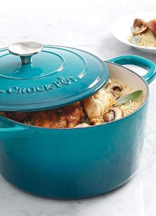 Crock-Pot Artisan 5-Quart Round Enameled Cast Iron Dutch Oven – Teal Ombre, Durable Heavy-Duty Cookware for Slow Cooking, Roasting, Baking with Lid