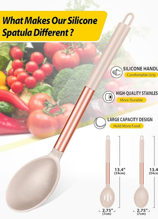 Pack of 2 Large Silicone Cooking Spoons,Non Stick Solid Basting Spoon,Heat-Resistant Kitchen Utensils for Mixing,Serving,Draining,Stirring (ROSE GOLD KHAKI)