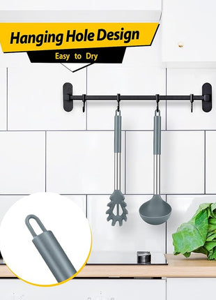 Silicone Pasta Fork and Ladle Spoon Set, Large Non Stick Kitchen Utensils for Cooking,Stirring,Serving Spaghetti, Soup, Sauce (GRAY)