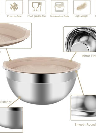 Mixing Bowls Set, 27PCS Khaki Mixing Bowls With Lids Set Stainless Steel Kitchen Large Nesting Metal Bowl 7QT to 1.5QT, Measuring Cups and Spoons for Prepping Cooking Serving