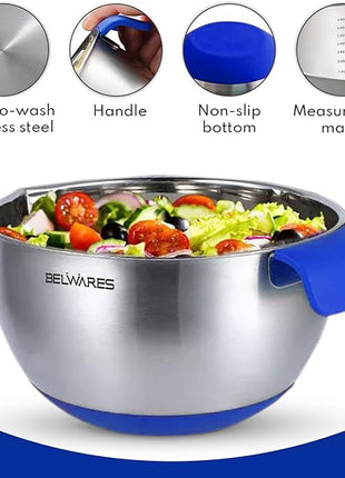 Belwares Mixing Bowls with Lids Set - Nesting Bowls with Graters, Handle, Pour Spout, Airtight Lids - Stainless Steel Non-Slip Mixing Bowl for Cooking, Baking, Prepping, Food Storage (Set of 3)
