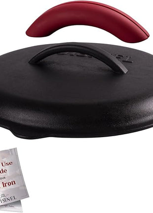 Cuisinel Cast Iron Lid - Fits 12"-Inch / 30.48-cm Lodge Skillet Frying Pans or Braiser + Silicone Handle Holder + Care Guide - Pre-Seasoned Replacement Cover - Indoor/Outdoor, Oven, Fire, BBQ Safe