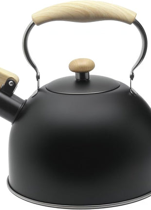 Lily's Home Whistling Tea Kettle, Teapot for Stovetop, Pleasant Whistle Sound, Heat Resistant Plastic Handle – Faux Wood Finish, Non Toxic Stove Kettle for Boiling Water - 2.5 Quarts (Black)