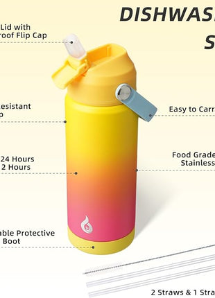 BJPKPK Insulated Water Bottle with Straw Lid, 18oz Thermo Water Bottles with Soft Nozzle, Flex Handle & Non-slip Boot, BPA Free Leak Proof Stainless Steel Metal Thermo, Tumblers, Cups,Rainbow