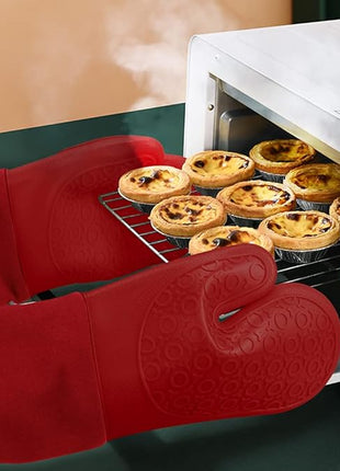 sungwoo Extra Long Silicone Oven Mitts, Heat Resistant Oven Gloves with Quilted Liner Non-Slip Textured Grip Perfect for BBQ, Baking, Cooking and Grilling - 1 Pair 14.6 Inch Empire Red