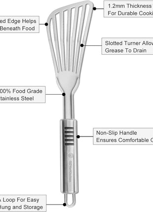 Stainless Steel Fish Spatula with 1.2mm Thick Blade - Multipurpose Turner for Fish, Eggs, Meat, and Dumplings - Perfect for Grilling, Frying, and More - Bonus Silicone Brush and Oven Mitt - Set of 1