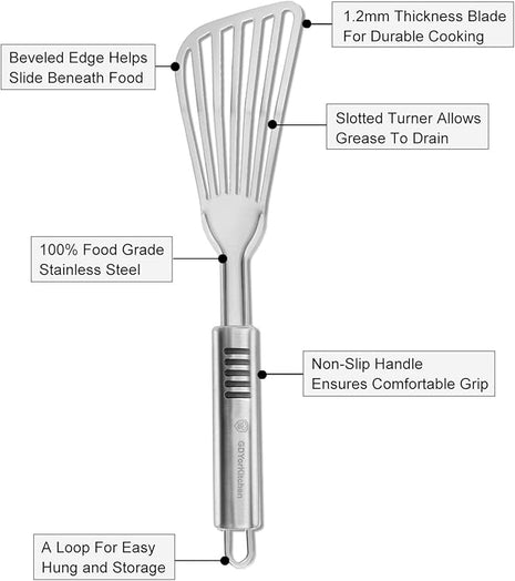 Stainless Steel Fish Spatula with 1.2mm Thick Blade - Multipurpose Turner for Fish, Eggs, Meat, and Dumplings - Perfect for Grilling, Frying, and More - Bonus Silicone Brush and Oven Mitt - Set of 1