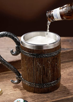 Arola Handmade Wooden Barrel Beer Mug, Stainless Steel Vintage Beer Cup, Medieval Drinkware Mug for Coffee/Beverage/Juice17oz Gift for Men.