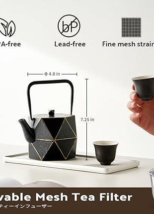 Toptier Cast Iron Teapot, Stovetop Safe Japanese Cast Iron Tea Kettle, Diamond Design Tea Pot with Removable Infuser for Loose Tea, 30 Ounce (900 ml), Black